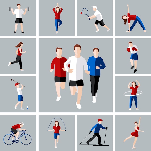 Bezpłatny wektor sport i rekreacja osób ikony zestaw izolowanych ilustracji wektorowych