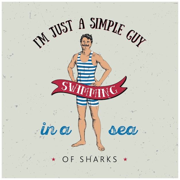 Bezpłatny wektor sportive man plakat z tekstem o prostym facecie pływającym w morzu rekinów ilustracji
