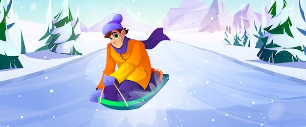 Bezpłatny wektor sporty zimowe szczęśliwy człowiek zabawy jazda na sankach w dół podczas ferii zimowych na zewnątrz aktywność wakacje wolny czas w ośrodku narciarskim męskiej postaci sankach ilustracja kreskówka wektor