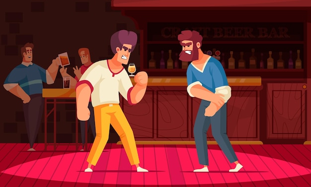 Bezpłatny wektor sprzeczna kompozycja ludzi z wewnętrzną scenerią pubu z postaciami wściekłych mężczyzn z ilustracją wektorową na stojaku barowym