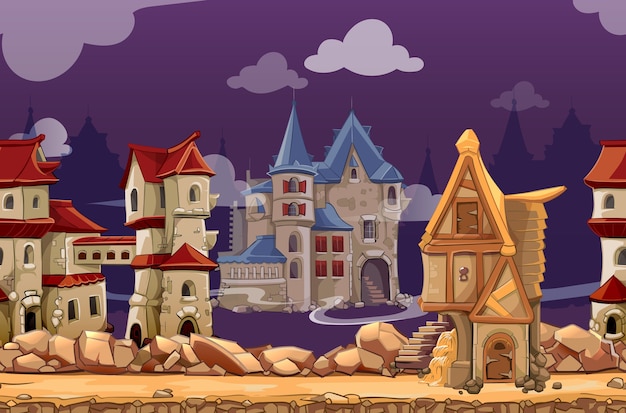 Bezpłatny wektor Średniowieczne miasto bezszwowe tło krajobraz do gry komputerowej. interfejs panoramiczny, miasto lub miasto gui, ilustracji wektorowych