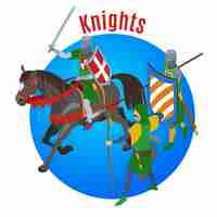 Bezpłatny wektor Średniowieczny izometryczny z okrągłym koniem i trzema ludzkimi postaciami zimnych wojowników z ilustracją tekstową