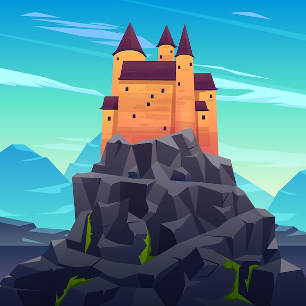 Bezpłatny wektor Średniowieczny zamek, starożytna cytadela lub niezdobyta forteca z kamiennymi wieżami na skalistym szczycie kreskówka