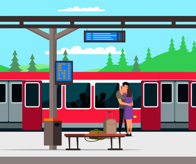 Stacja kolejowa i pasażerowie Przyjechał pociąg lub metro ludzie wsiadają para przytula się przed wyjazdem