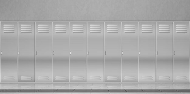 Stalowe szafki w szkolnym korytarzu lub przebieralni