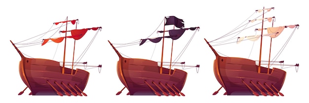 Bezpłatny wektor stare drewniane statki z wiosłami i złożonymi żaglami