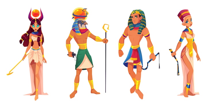 Bezpłatny plik Wektor starożytni bogowie i władcy egiptu hathor, ra, faraon, nefertiti, egipskie bóstwa, król i królowa z atrybutami religii