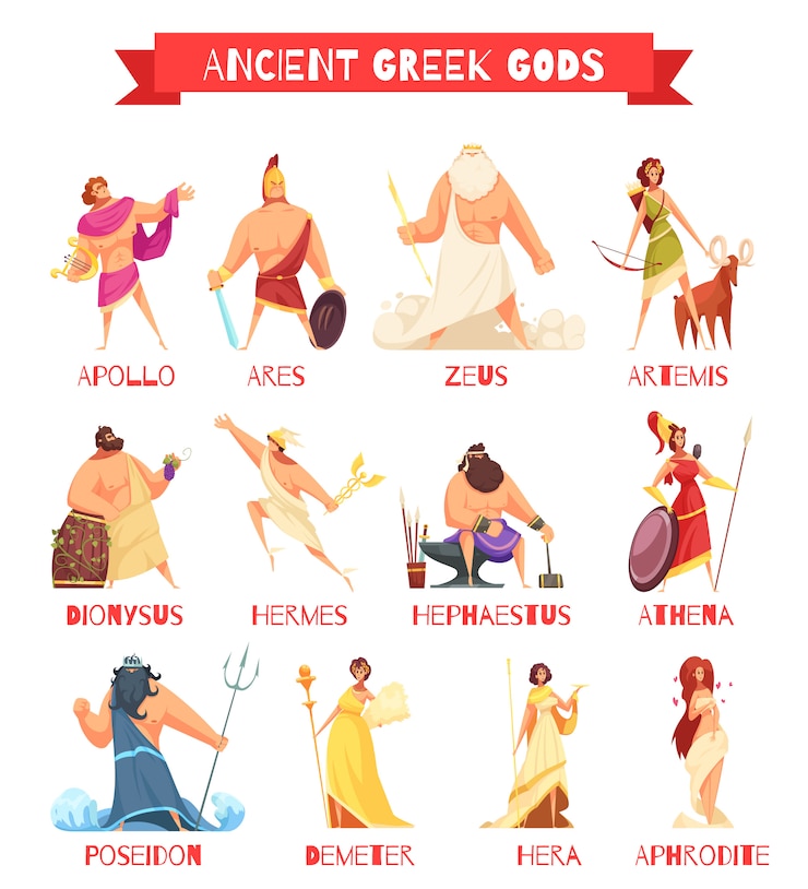 Bezpłatny plik Wektor starożytni greccy bogowie 12 paskowych postaci z kreskówek z zeus poseidon hera hermes athena na białym tle