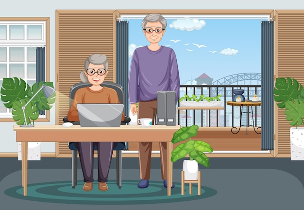 Bezpłatny wektor starsza para używa laptop w domu