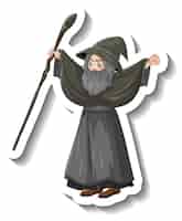 Bezpłatny wektor stary czarodziej trzymający naklejkę z postacią z kreskówki