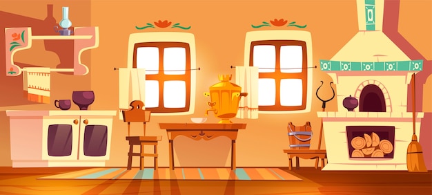 Bezpłatny wektor stary wiejski rosyjski piekarnik kuchenny, samowar, stół, krzesło i uchwyt. wektor kreskówka wnętrze tradycyjnego ukraińskiego starożytnego domu z piecem, drewnianymi meblami, miotłą i lampą naftową