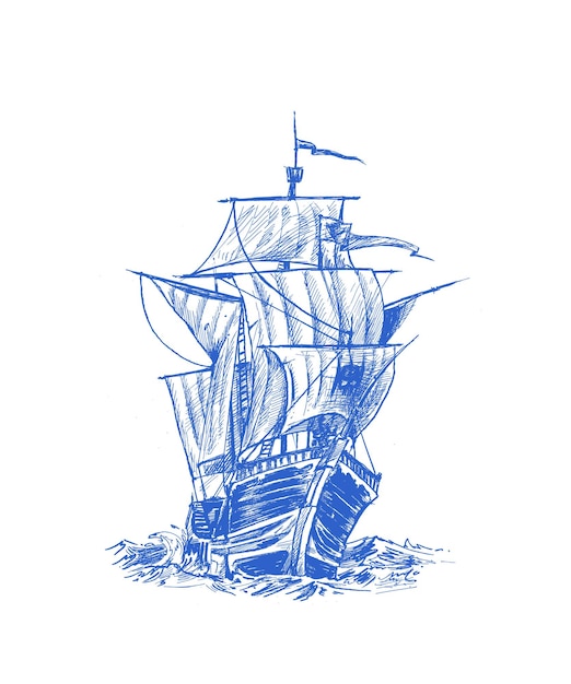 Statek z żaglami plakat ręcznie rysowane szkic ilustracji wektorowych