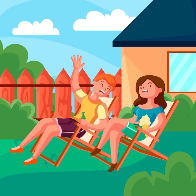 Staycation w ilustracji podwórku