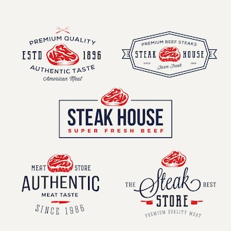 Steak house lub sklep mięsny vintage etykiety typografii, emblematy, szablony logo. zestaw znaków.