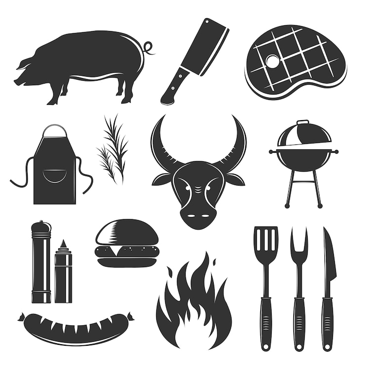 Bezpłatny plik Wektor steakhouse rocznika elementy inkasowi z odosobnionymi sylwetka monochromatycznymi wizerunkami mięsnych produktów pikantność kumberlandy i cutlery wektoru ilustracja