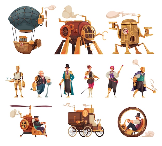 Bezpłatny wektor steampunk vintage ikony technologii zestaw z postaciami z kreskówek i pojazdów na białym tle ilustracji wektorowych