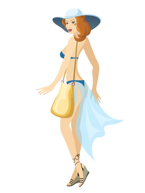 Stojąca piękna młoda kobieta ubrana w niebieski strój kąpielowy i kapelusz z torebką. Ilustracji wektorowych