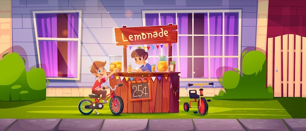 Bezpłatny wektor stojak na lemoniadę z kreskówką dla dzieci i rowerów