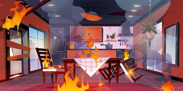 Bezpłatny wektor stół do jadalni we wnętrzu kuchni podczas pożaru z dymem zepsuty dom do gotowania z płomieniem i dymem kreskówka wektor tła nowoczesne pomarańczowe urządzenie do gotowania spalić w niebezpieczeństwie scena gry