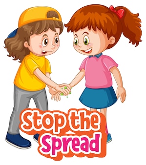 Stop the spread font z dwójką dzieci, nie zachowuj dystansu społecznego na białym tle