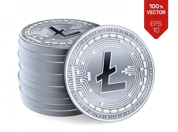 Stos srebrnych monet z symbolem Litecoin na białym tle.