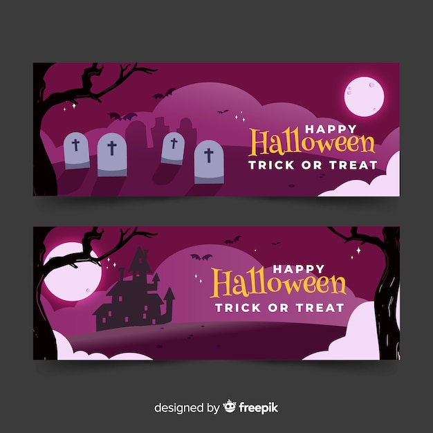 Bezpłatny wektor straszne banery halloween z domu i cmentarza