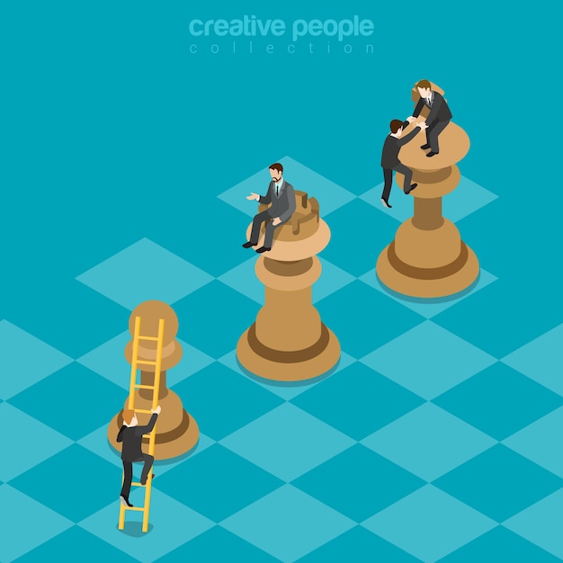 Bezpłatny wektor strategia gry wygrana-wygrana król wieża pionek płaska izometryczna koncepcja korzyści planowania biznesowego biznesmeni wspinający się na najwyższe figury szachowe.