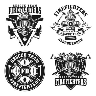 Straż pożarna zestaw czterech izolowanych wektorów emblematów, odznak, etykiet lub logo w stylu vintage czarno-biały