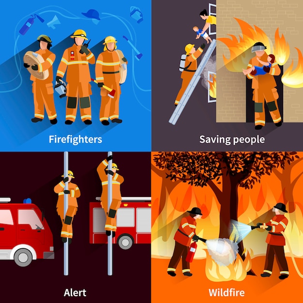 Bezpłatny wektor strażacy ludzie 2x2 kompozycje strażaków załogi alarmujące pożar i ratujące ludzi