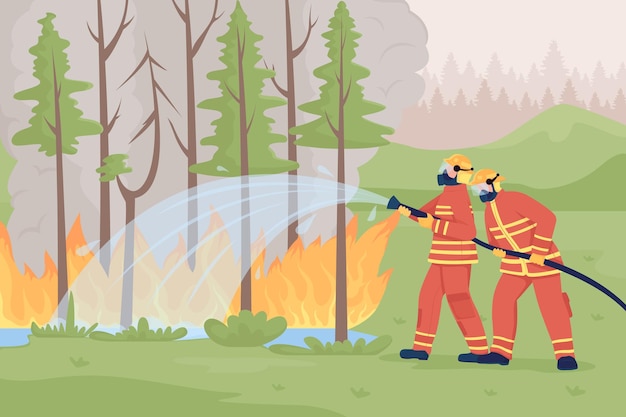 Strażacy tłumiący pożar dzikiej ziemi płaski kolor ilustracji wektorowych