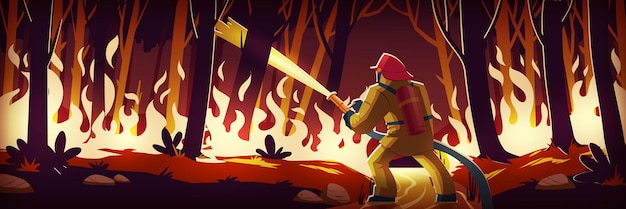 Strażak walczy z ogniem w lesie, człowiek gasi płonący pożar w nocy drewno z szalejącymi płomieniami. Katastrofa dzikiej przyrody, katastrofa, płonący krajobraz drzew. Zagrożenie ekologiczne Scena wektor kreskówka