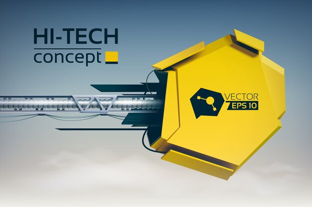 Streszczenie futurystyczna ilustracja z żółtym mechanicznym przedmiotem na metalowym filarze w stylu hi-tech