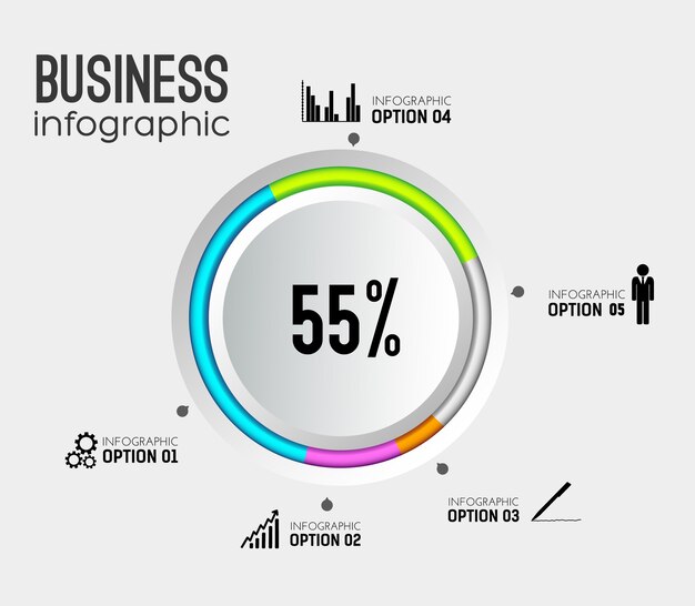 Streszczenie infografiki internetowe z szary okrągły przycisk kolorowe obramowanie ikony biznesu i pięć opcji