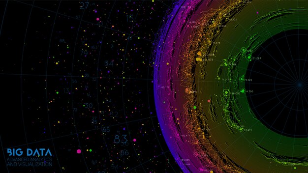 Streszczenie kolorowe okrągłe wizualizacje informacji dużych danych. Sieć społecznościowa, analiza finansowa złożonych baz danych. Wyjaśnienie złożoności informacji wizualnych. Skomplikowana grafika danych