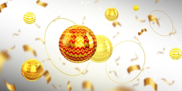 Streszczenie tło z 3d kulki, konfetti i złote koła pływające na efekt rozmycia tła. Złote kule z ozdobnym ornamentem, szablon graficzny do reklam, realistyczna ilustracja wektorowa
