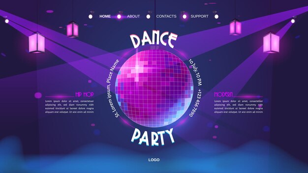 Strona docelowa kreskówki Dance Party ze świecącą kulą dyskotekową na fioletowym neonie