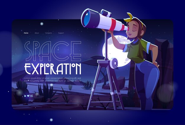 Strona docelowa kreskówki eksploracji kosmosu. Kobieta wygląda w teleskopie, ciekawa młoda dziewczyna odkrywa księżyc i gwiazdy na ciemnym nocnym niebie. Nauka astronomii, hobby obserwacji galaktyk, baner internetowy z wektorem