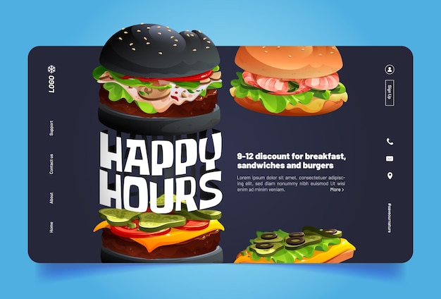 Bezpłatny wektor strona docelowa kreskówki happy hours z burgerami