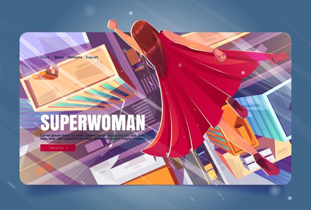 Strona docelowa kreskówki Superwoman, super bohaterka dziewczyna w czerwonej pelerynie pływające z podniesioną ręką w niebo nad nowoczesnym miastem. Potężna postać kobieca gotowa na wyczyn, komiczny lot osobistości, baner internetowy Vector