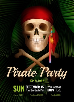 Strona piracka realistyczny plakat z uśmiechniętą czaszką w czerwonej chustce i datą imprezy rozrywkowej