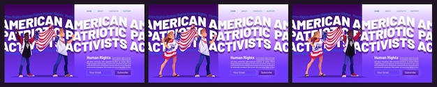 Strony docelowe kreskówek praw człowieka z wielorasowymi ludźmi zawierają flagę usa. ruch amerykańskich działaczy patriotycznych. kobiety lub mężczyźni o białej i czarnej skórze protestują przeciwko demonstracyjnym zamieszkom, zestaw banerów internetowych wektorowych