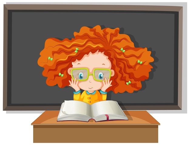 Student z kręconymi włosami czyta książkę z tablicą na tle