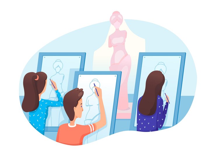 Bezpłatny plik Wektor studio artystyczne ilustracja lekcji szkolnej utalentowani uczniowie trzymający ołówki i rysujący statuę szkic artysty kursy szkoleniowe edukacja
