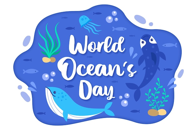 Stworzenia I Rośliny Ręcznie Rysowane Dzień Oceanów