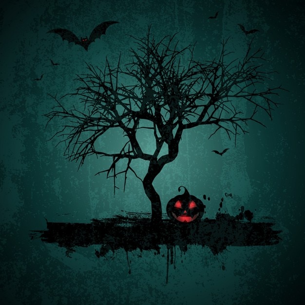 Bezpłatny wektor styl grunge halloween tle z nietoperzy jack o lantern i drzewa