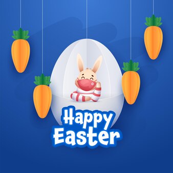 Styl naklejki wesołych świąt czcionka z cute królik nosić maskę ochronną, papier origami jajko, króliki wiszą na niebieskim tle.