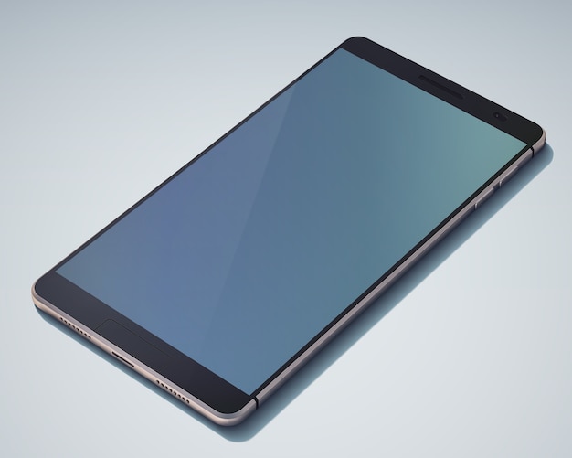 Stylowy obiekt smartfona z ekranem dotykowym na niebiesko z dużym ciemnoniebieskim pustym ekranem bez górnego rogu na zdjęciu na białym tle