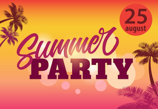 Summer party, sierpień dwadzieścia pięć ulotki z sylwetki palm i zachód słońca