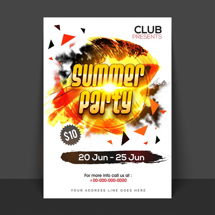 Bezpłatny plik Wektor summer party ulotka, szablon z kolorowym projektem abstrakcyjnym i złote efekty obiektywu flare.