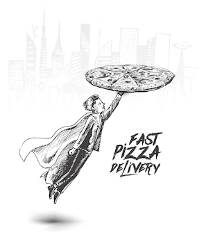 Super szybka dostawa pizzy super bohater dostarczający pizzę ręcznie rysowane szkic ilustracji wektorowych